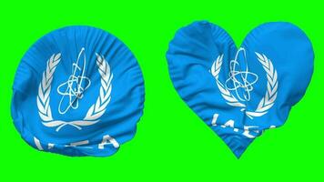 international atomique énergie agence, AIEA drapeau dans cœur et rond forme agitant sans couture en boucle, en boucle agitant lent mouvement drapeau, chrominance clé, 3d le rendu video