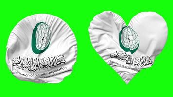 organisation av islamic samarbete, oic flagga i hjärta och runda form vinka sömlös looping, looped vinka långsam rörelse flagga, krom nyckel, 3d tolkning video