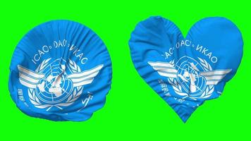 internacional civil aviación organización, OACI bandera en corazón y redondo forma ondulación sin costura bucle, serpenteado ondulación lento movimiento bandera, croma llave, 3d representación video