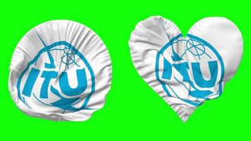 International Telecommunication Union, ITU Flag in Heart and Round Shape Waving Seamless Looping, Looped Waving Slow Motion Flag, Chroma Key, 3D Rendering video