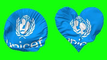 Verenigde landen kinderen fonds, unicef vlag in hart en ronde vorm golvend naadloos lus, lusvormige golvend langzaam beweging vlag, chroma sleutel, 3d renderen video