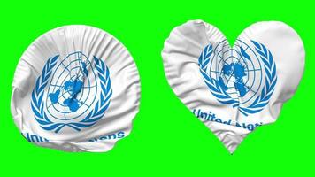 uni nations, ONU drapeau dans cœur et rond forme agitant sans couture en boucle, en boucle agitant lent mouvement drapeau, chrominance clé, 3d le rendu video