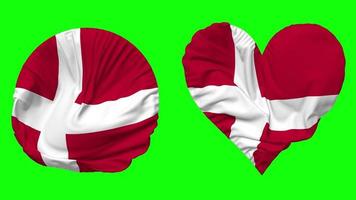 Denmark Flag in Heart and Round Shape Waving Seamless Looping, Looped Waving Slow Motion Flag, Chroma Key, 3D Rendering video