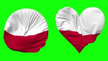 Poland Flag in Heart and Round Shape Waving Seamless Looping, Looped Waving Slow Motion Flag, Chroma Key, 3D Rendering video