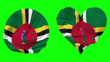 Dominica Flagge im Herz und runden gestalten winken nahtlos Schleife, geloopt winken schleppend Bewegung Flagge, Chroma Taste, 3d Rendern video