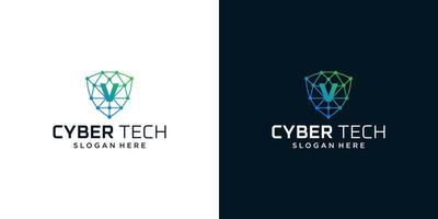 Cyber tech logo design template with initial letter V graphic design vector illustration. Symbol for tech, security, internet, system, Artificial Intelligence and computer.