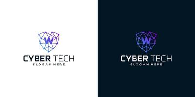 Cyber tech logo design template with initial letter W graphic design vector illustration. Symbol for tech, security, internet, system, Artificial Intelligence and computer.