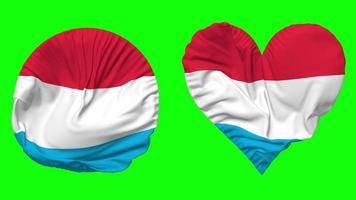 Luxembourg Flag in Heart and Round Shape Waving Seamless Looping, Looped Waving Slow Motion Flag, Chroma Key, 3D Rendering video