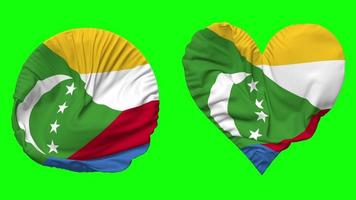 Comoros Flag in Heart and Round Shape Waving Seamless Looping, Looped Waving Slow Motion Flag, Chroma Key, 3D Rendering video