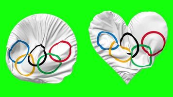 olympique Jeux, Jeux olympiques drapeau dans cœur et rond forme agitant sans couture en boucle, en boucle agitant lent mouvement drapeau, chrominance clé, 3d le rendu video