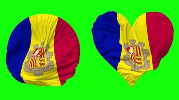 Andorra vlag in hart en ronde vorm golvend naadloos lus, lusvormige golvend langzaam beweging vlag, chroma sleutel, 3d renderen video