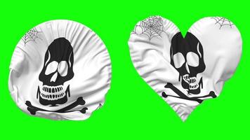 Skulls Danger Sign Flag in Heart and Round Shape Waving Seamless Looping, Looped Waving Slow Motion Flag, Chroma Key, 3D Rendering video