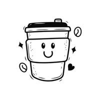 Disposable coffee cup vector illustration with facial expression isolated on white background. Coffee doodle character