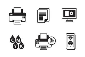 Set of printer-related icons with black glyph style on isolated background vector