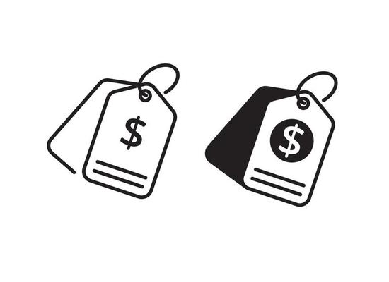 Price tag icon with black and white color on isolated background