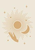 Retro sun and moon with hand printed wall art. Tarot card minimalist vector illustration. Aesthetic sunlight and midnight print bohemian artwork, vector