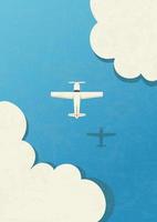 Plane flies over water among clouds simple vector illustration. Minimalistic background template.