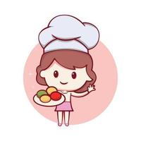 cocinero logo con el concepto de un mujer en un del chef sombrero participación un pastel vector