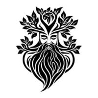 Enchanting forest God portrait with hair of branches and leaves, and beard of roots. Monochrome vector illustration ideal for nature, mythology, and fantasy themes.