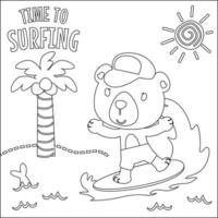 Vector illustration of surfing time with cute little animal at summer beach. Childish design for kids activity colouring book or page.