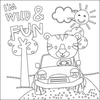 Vector illustration of funy animal driving the white car. Childish design for kids activity colouring book or page.