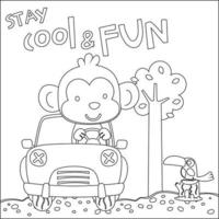 Vector illustration of funy animal driving the white car. Childish design for kids activity colouring book or page.