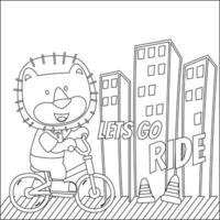 Cute little animal riding bicycle. Trendy children graphic with Line Art Design Hand Drawing Sketch Vector illustration For Adult And Kids Coloring Book.