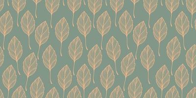 Vintage liniar botanical pattern. Seamless outline illustration with leaves on green background vector