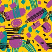 Abstract pattern with color blocks, lines, paint spots, stains and stripes. Turquoise, black, purple brush strokes on yellow background vector