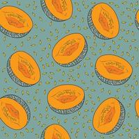 Pattern with melon halves and seeds on mint background vector