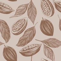 Vintage Pencil pattern with cocoa fruits and leaves on beige background vector