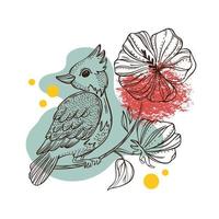 LARK ON FLOWER Hibiscus Collage Sketched Bird Packaging Art vector