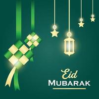 eid Mubarak cuadrado bandera y póster modelo con iluminado linternas islámico ornamento y ketupat vector