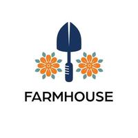 Farm house vector logo design. Shovel and flowers modern logotype. Gardening and agriculture logo template.