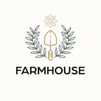 Farm house vector logo design. Shovel and flowers modern logotype. Gardening and agriculture logo template.