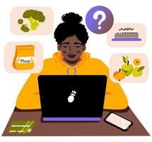 Internet compras a computadora. afro mujer elige productos en línea. ordenando bienes, pago para compra con crédito tarjeta en el sitio web. niña en capucha con ordenador portátil sentado a escritorio. vector. vector