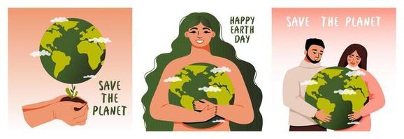 Happy Earth Day set. Save the Planet. Mother Earth holding the globe. Concept of ecology and environmental protection. Vector illustration