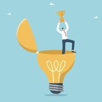 Award for brilliant ideas or solutions for business development, success of innovations and their payback, creative approach to solving complex problems, man with a winner's cup in an open light bulb. vector