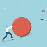 Hard work to achieve a high result, achieve a goal, find a strategy or method to complete a complex and important task, progress and business development, a man rolls a golf ball into the hole. vector