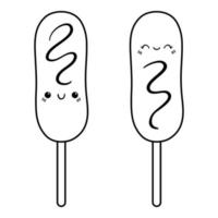 Two kawaii corn dogs. Adorable smiling character. Sausage in dough on a stick with condiments - ketchup and mustard. Outline icon. vector