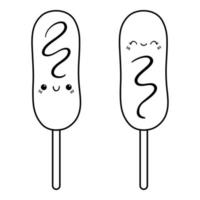 Two kawaii corn dogs. Adorable smiling character. Sausage in dough on a stick with condiments - ketchup and mustard. Outline icon. vector