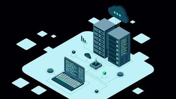 Cyber data security. Internet security isometric concept. Server room connected with laptop through protected hub. 4K seamless loop animation. Transparent background with alpha channel video