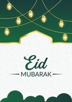 eid Mubarak horizontal bandera y póster modelo con iluminado linternas islámico ornamento y nube vector