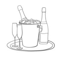 Champagne Glass and Bottle in Bucket. Two Glass of Champagne. Black lines. vector