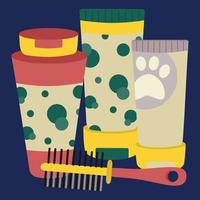 Set of elements for animals, cats, dogs, shampoos and comb. vector