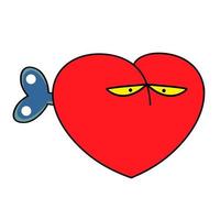 Heart sad cartoon character illustration of a red mechanical heart with a key. vector