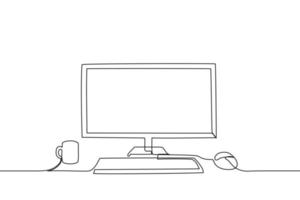 desktop with monitor, keyboard, mouse and mug - one line drawing vector. workplace concept vector