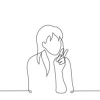 mujer sentado demostración dos dedos, paz gesto - uno línea dibujo vector. paz gesto concepto vector