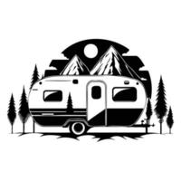 camper camp camping site with mountains and tree, camping in the woods, campsite with trailer landscape in retro style, svg file. vector