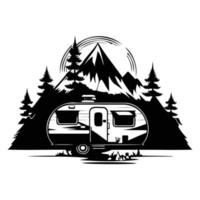 camper camp camping site with mountains and tree, camping in the woods, campsite with trailer landscape in retro style, svg file. vector